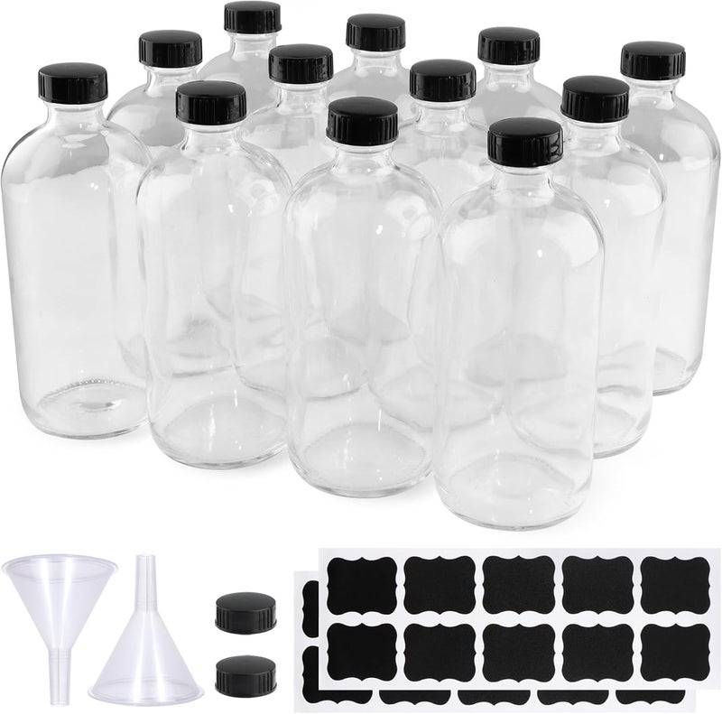 PINIWON 12 Pack 16 oz Clear Glass Bottles, Boston Round Sample Bottles with Black Poly Cone Caps, Labels and Funnels - Image 1
